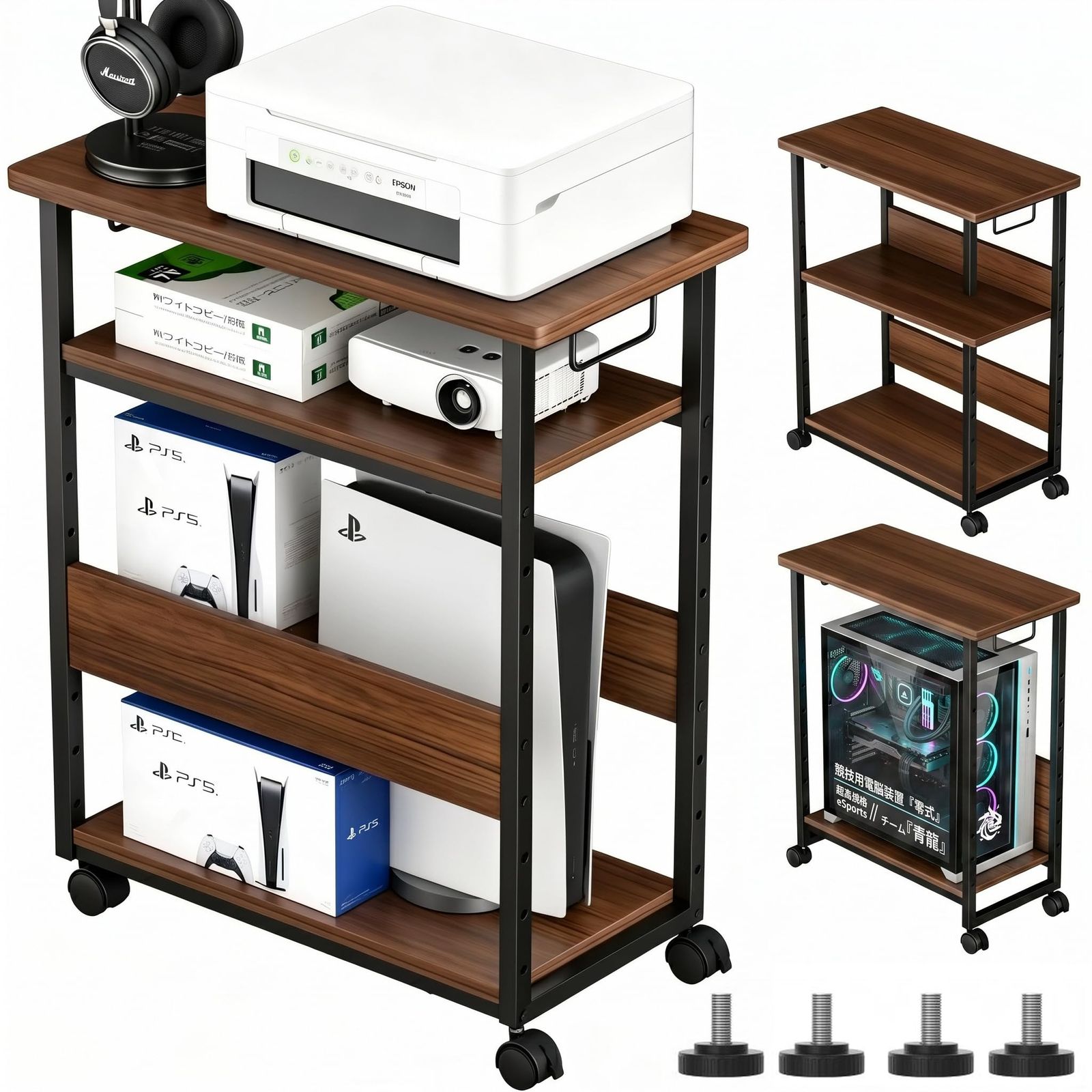 pcラック 3段 pcワゴン【幅30×奥行60×高さ70cm】パソコンワゴン キャスター付き 棚板高さ9段階調節 パソコンラック cpuワゴン 両側取っ手付き プリンターラック サイドデスク 木製 デスクサイドワゴン オフィス収納 (ウォール 63346f8b