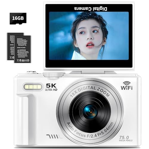 デジタルカメラ 5K 7500万画素 デジカメスマホに送れる WIFI転送機能 18倍デジタルズーム AFオートフォーカス LEDフラッシュ ウェブカメラ 3.0インチ IPS スクリーン 180度回転可能 自撮り 32GB Micro SD d205e7b6