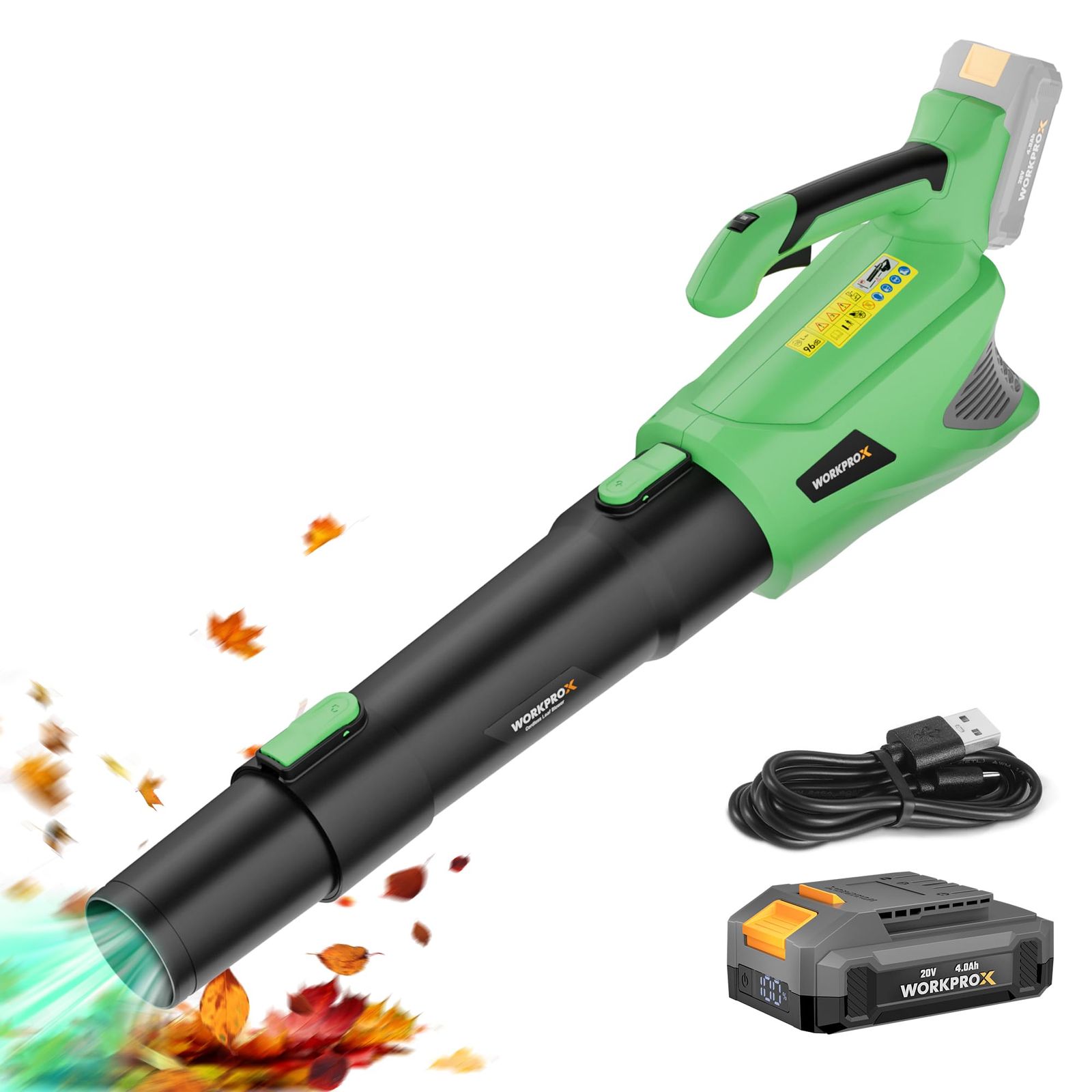 WORKPROX ブロワー 電動ブロアー 充電式ブロワー ブロアー 20V コードレスタイプ 【4.0Ah バッテリ一付き】 強力 17500rpm 約14m?/min大風量 5段階風量調節 積もった雪を取り除く 車の雪を吹き飛ばし 洗車 落ち葉 庭掃除 ｍａ