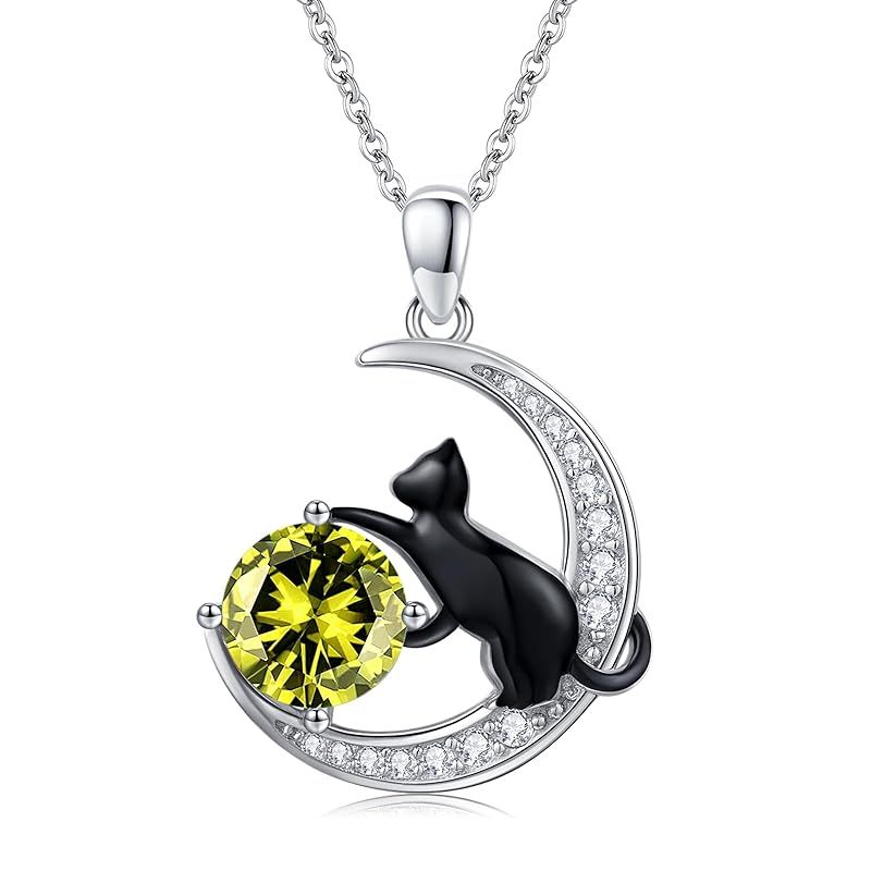 [StoryMidir] 猫 ネックレス 8月 誕生石 ペンダント シルバー925 金属アレルギー対応 ネコ 可愛い ペンダント 月 アニマル 黒猫 チェーン付き 45+5cm ねこ アクセサリー ジュエリー 女性 贈り物 ギフト 誕生日 プレゼント クリスマ