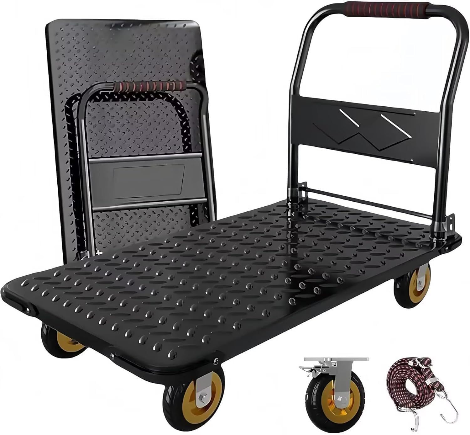 新商品 折りたたみ台車 90*60*86.6cm 大型 手押し台車 平台車 360度回転キャスター 静音 ロック機能付き 軽量 持ち運び便利 組立簡単 倉庫・工場・物流センターに最適 日本語マニュアル付き