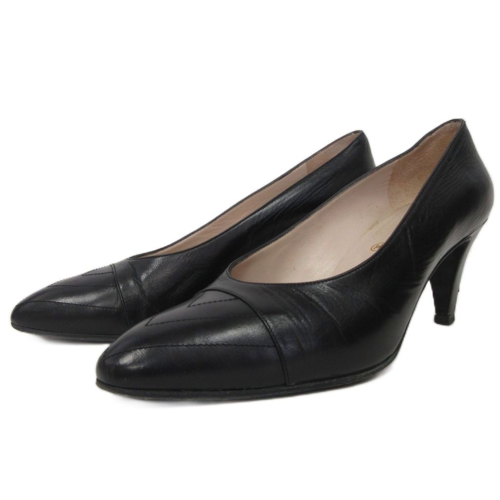 シャネル CHANEL パンプス レザー ヒール 36.5 黒 ブラック IBO96