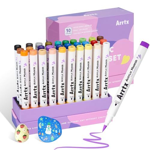 Arrtx アクリルマーカー 30色(Bスタイル) ブラシペン 耐水性 岩絵具 石 ガラス 木材 布 ペイント 水性 速乾性 クラフト DIYｍａ