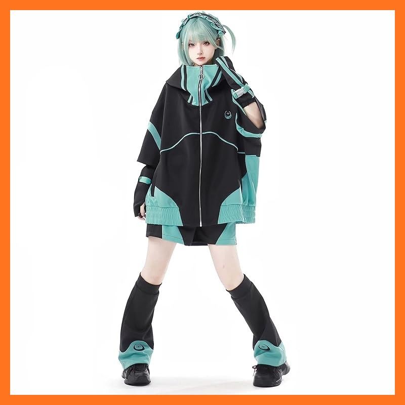 【新品】 [Lilikakoi] 地雷系 5点セット パーカー ヘアバンド パンツ アームカバー レッグウォーマー 機能服 サブカル系 ジップアップ 刺繍 男女兼用 運動服 レディース 服 半袖 立ち襟 Y2K サブカル地雷 薄手 春 秋 夏