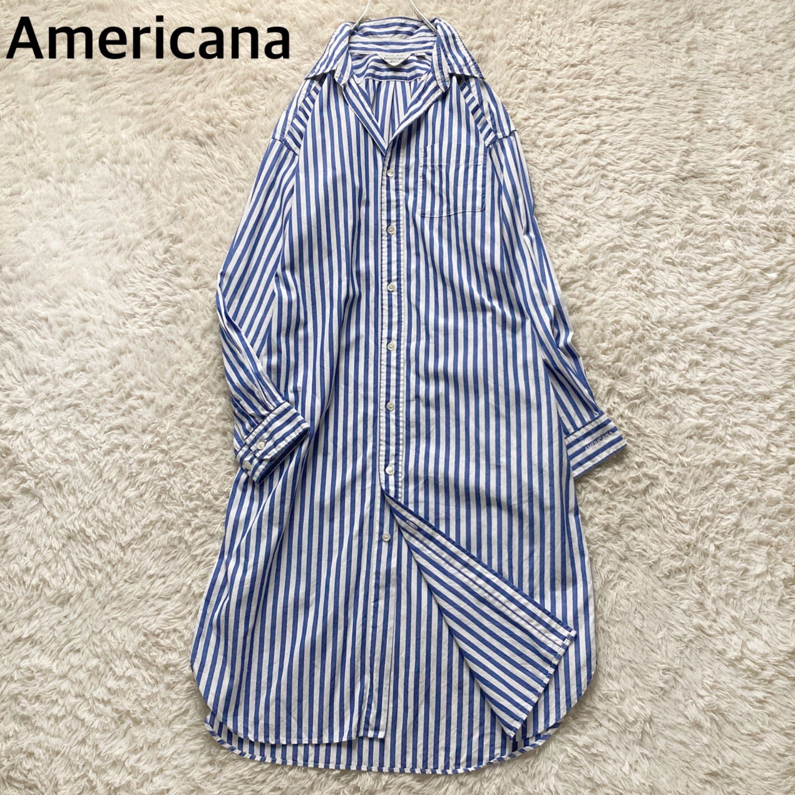 アメリカーナ Americana 日本製 コットン100% シャツワンピース ロングシャツ ストライプ 青 ブルー 白 ホワイト フリー ロング丈 羽織り レイヤード ロゴ刺繍 大人カジュアル リラックス 体型カバー 着回し 春夏 デイリー 抜け感 良品⁠