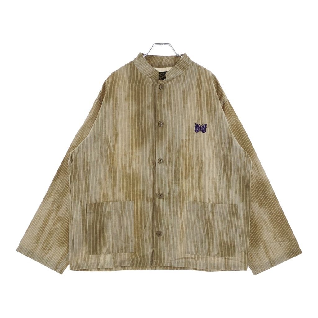 Needles (ニードルス) ×ts(S) STAND COLLAR SHIRT ティーエスエス スタンドカラー 胸パピヨン刺繍シャツ ストライプ柄カバーオール ベージュ