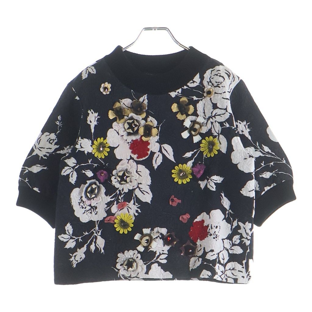 DOLCE & GABBANA (ドルチェアンドガッバーナ) Floral Embellished Top 花柄 装飾 クルーネック半袖トップス ブラック レディース F9728Z FSMVM