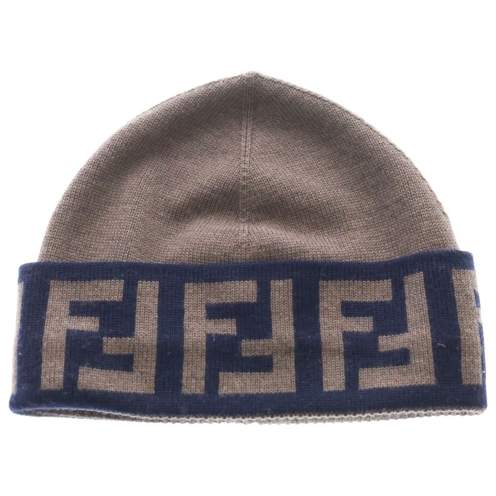 FENDI (フェンディ) ズッカ柄 FFロゴ ジャガード ウール ニットキャップ ビーニー 帽子 ブラウン/ネイビー FXQ955
