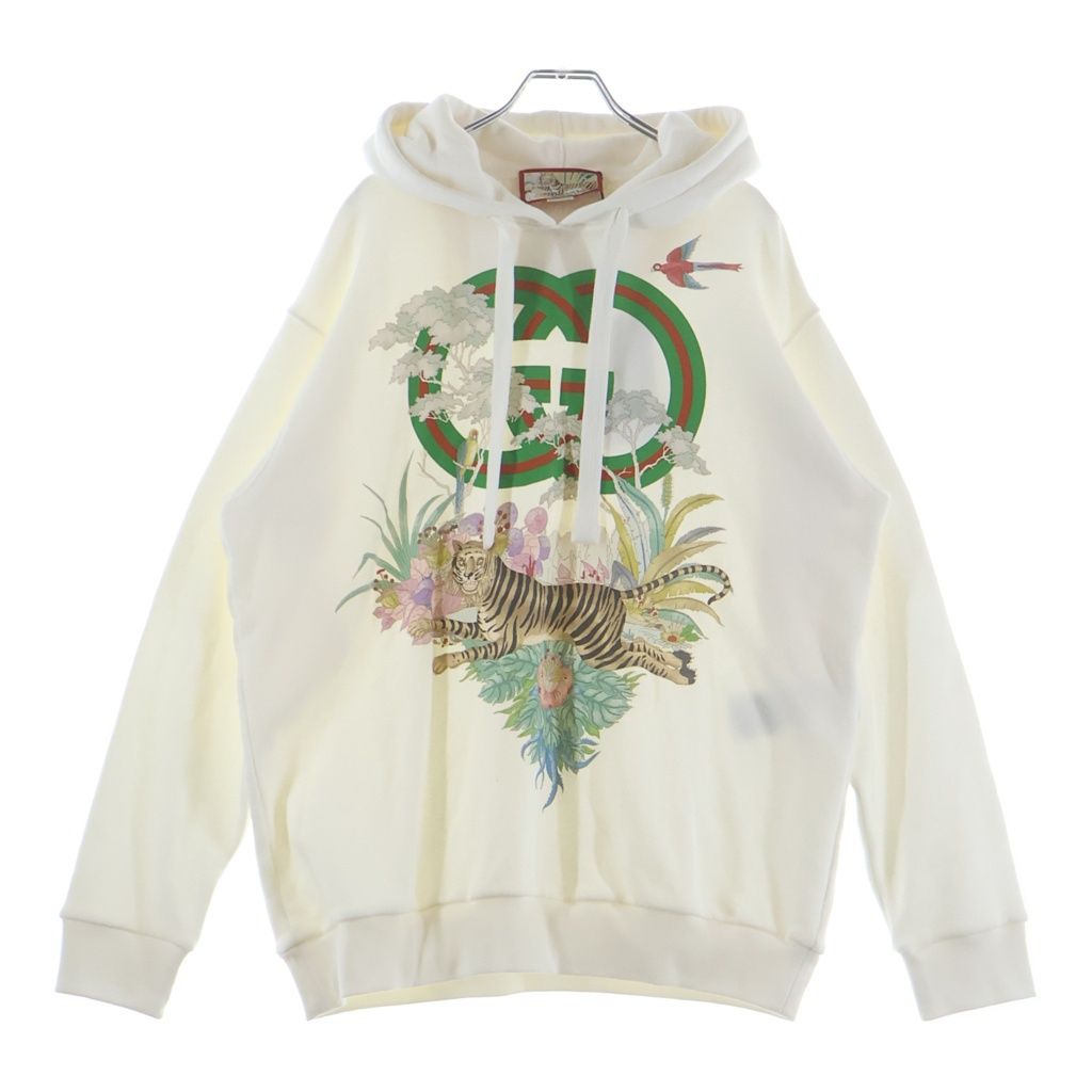 GUCCI (グッチ) インターロッキング タイガー ボタニカル柄 スウェット プルオーバーパーカー アイボリー 615061 XJD4F