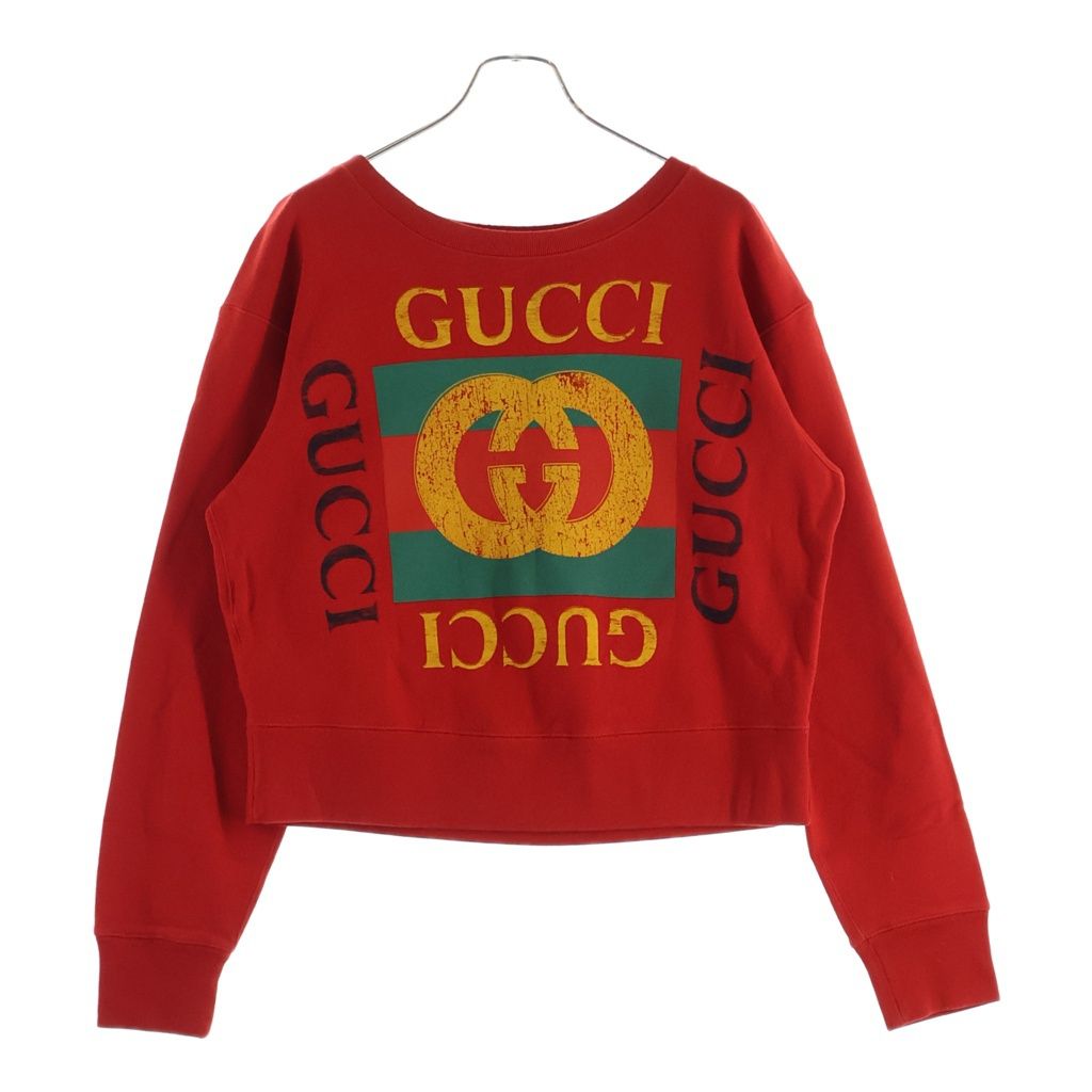 GUCCI (グッチ) ヴィンテージロゴプリント ブルドッグ刺繍 クルーネック プルオーバー スウェット トレーナー レッド 502118