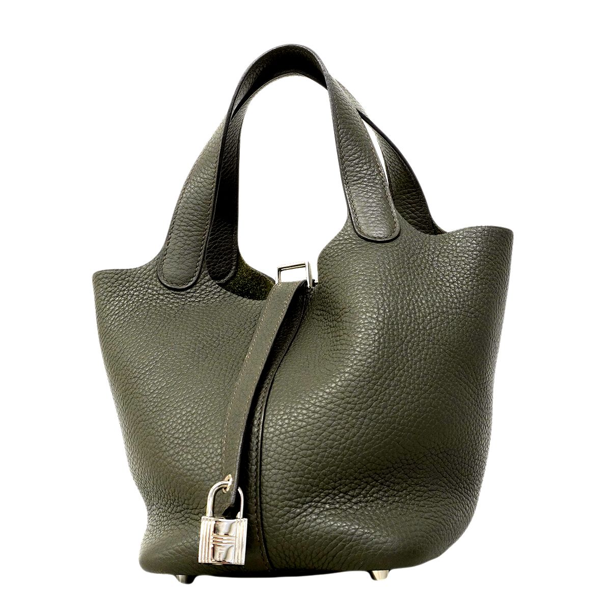 【6fa0380】エルメス ハンドバッグ ピコタンロックPM トリヨンクレマンス オリーブグリーン シルバー金具 T刻印【中古】レディース