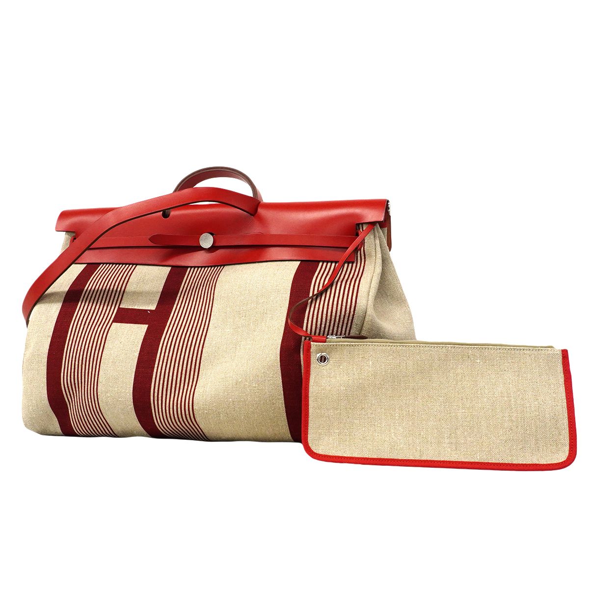 【6fa0414】エルメス ハンドバッグ エールバックジップGM キャンバス レッド シルバー金具 D刻印【中古】レディース