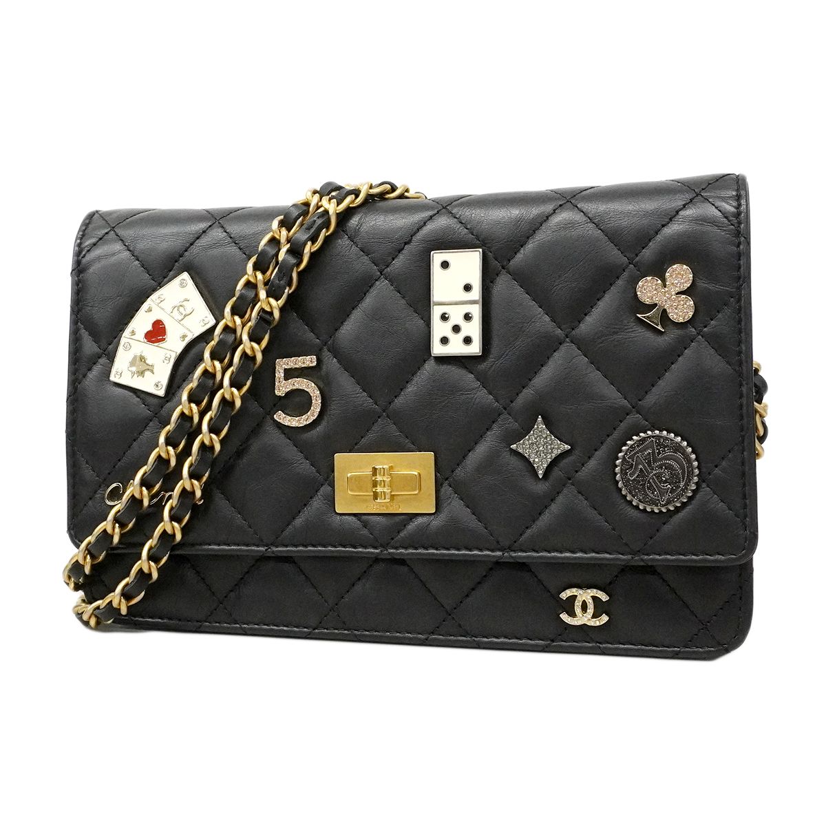【6fa0810-k】シャネル ショルダーウォレット 2.55/マトラッセ ラムスキン ブラック ゴールド/シルバー金具【中古】レディース
