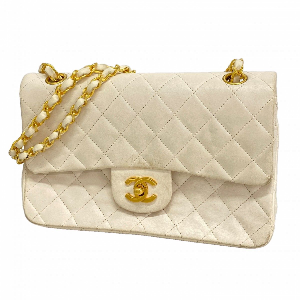 【6fa0955】シャネル ショルダーバッグ マトラッセ ラムスキン ホワイト ゴールド金具【中古】レディース