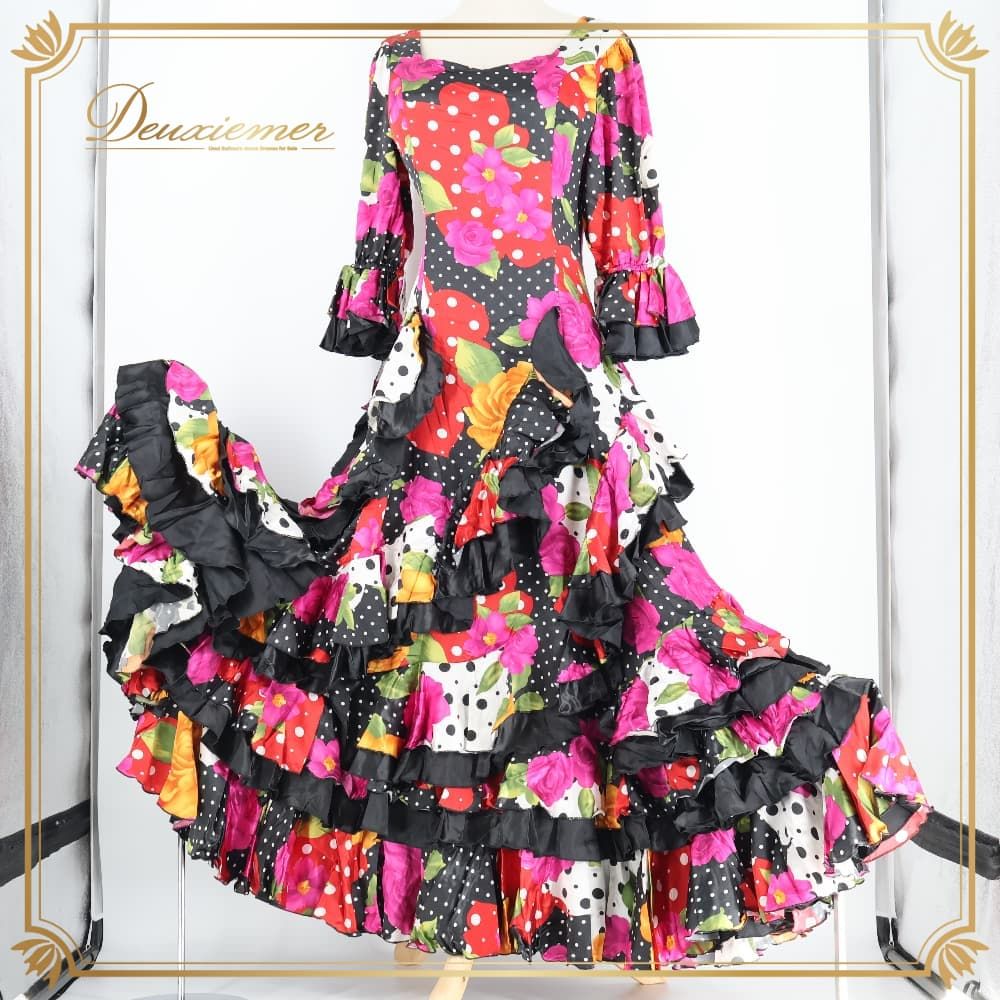 フラメンコ 衣装 prima boutique プリマブティック ドレス ワンピース ブラック系 ピンク系 レッド系 黒 ピンク 赤 紫 光沢 ボランテ フリル ダンス パーティ 発表会 水玉 花柄 総柄 模様 舞台衣装 ダンス衣装