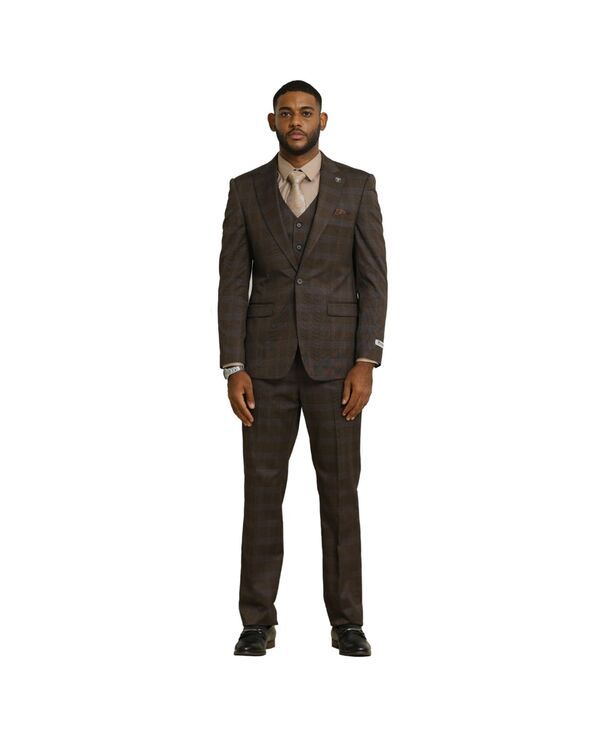 ステイシーアダムス メンズ アウター ジャケット・ブルゾン パンツ トール ベスト ジャケット Stacy Adams Big Tall Glen Plaid 3Piece Jacket With Solid Vest And Pants Suit Peak