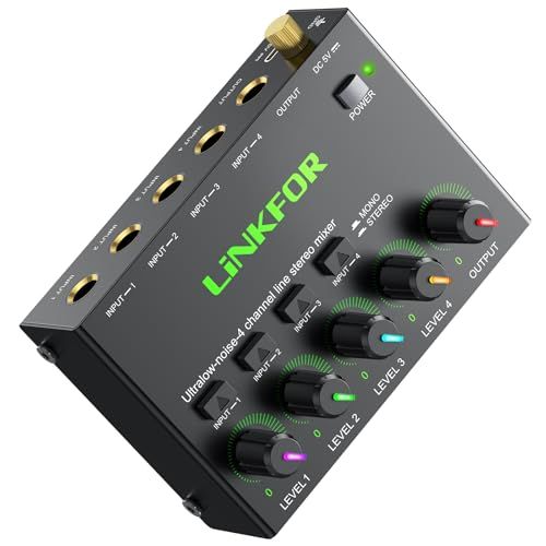 【新品】LiNKFOR オーディオミキサー 6.35mm 4チャンネル ミニステレオミキサー 音量調整 ステレオ／モノ切替 金メッキ端子 金属ケース 超低ノイズ 日本語説明書付属 5108b273