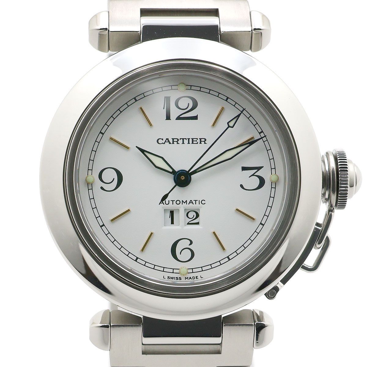 【 美品 】CARTIER カルティエ パシャC ビッグデイト W31044M7 35mm ホワイト 白文字盤 自動巻き AT ユニセックス ボーイズ SS
