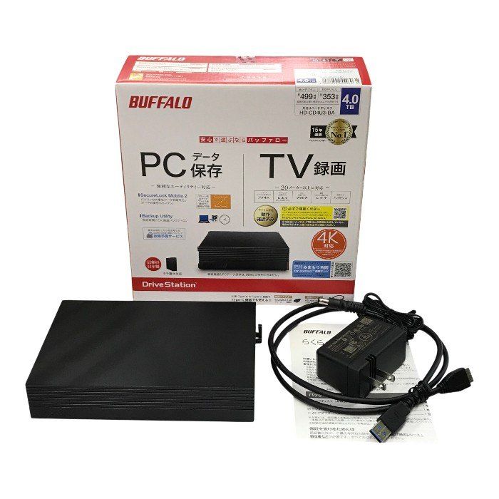 Buffalo バッファロー 4TB 外付けHDD ブラック TV録画 データ保存 ファンレス設計 ハードディスク HD-CD4U3-BA 中古 T1