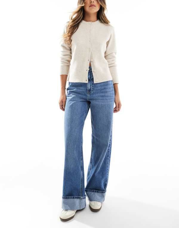 オンリー レディース ボトムス デニムパンツ ワイドレッグ ハイウエスト ジーンズ ONLY Hope high waist cuffed wide leg jeans in mid Medium blue denim デニム