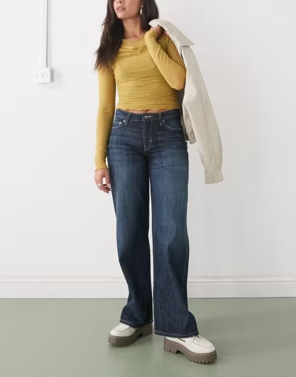 ウィークデイ レディース ボトムス デニムパンツ ジーンズ Weekday Ample lowaist baggy fit jeans in dark blue wash Deep Sea Blue ブルー
