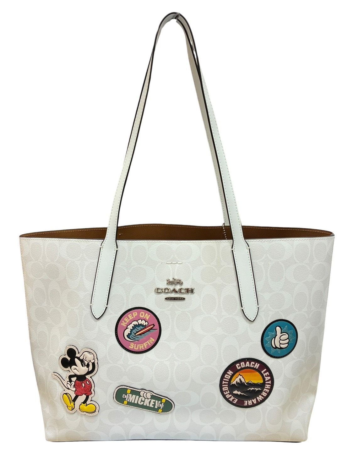 美品 コーチ COACH ディズニー コラボ トートバッグ ミッキー シグネチャー ワッペン PVC DISNEY MICKEY ホワイト ♯1147010129
