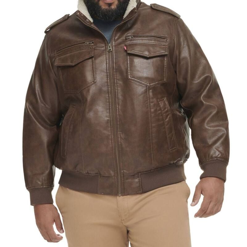 リーバイス メンズ アウター ジャケット・ブルゾン トール レザー フェイクレザー Big Tallevis Faux Leather Sherpa Lined Bomber Jacket Saddle