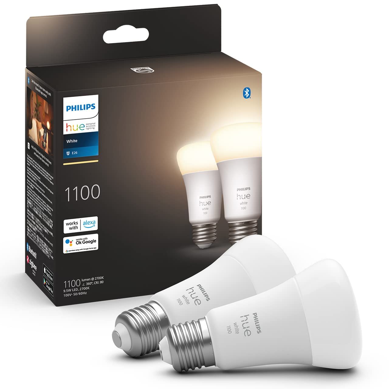 フィリップスヒュー(Philips Hue) スマート電球 E26 75W相当 ホワイト 2個 - スマート照明 Alexa対応 1100lm 電球色 調光 スマートホーム 間接照明 LED スマートライト 音声操作 アプリ操作 Matter e7b75357
