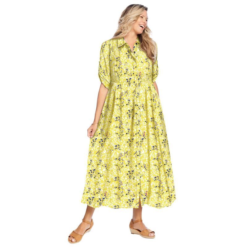ウーマン ウィズイン レディース トップス ワンピース プラスサイズ シャツ Woman Within Plusize RollTab Sleeve Crinkle Shirtdress Primrose Yellow Leaf イエロー