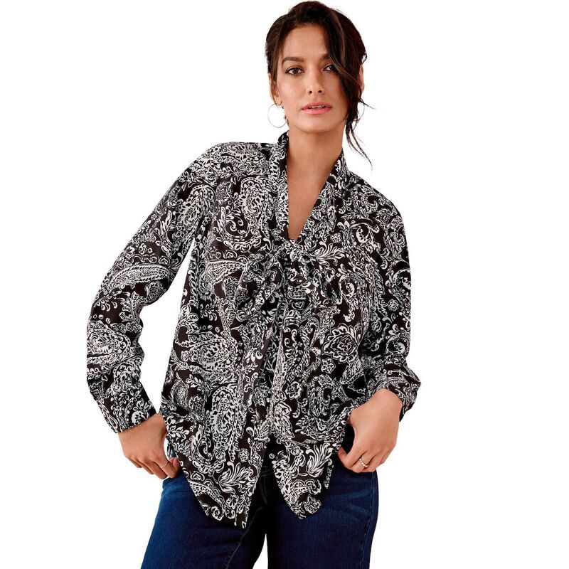 ロアマンズ レディース トップス シャツ プラスサイズ ブラウス Roamans Womens Plusize Long Sleeve Bow Blouse Black Ivory Paisley アイボリー