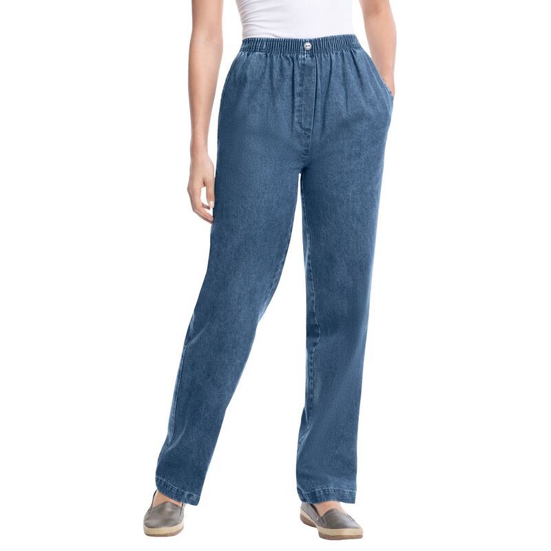 ウーマン ウィズイン レディース ボトムス デニムパンツ プラスサイズ コットン ジーンズ Woman Within Plusize StraightLeg AllCotton Denim PullOn 7Day ElasticWaist Jeans Medi