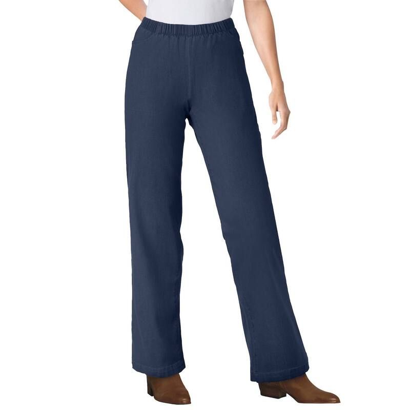 ウーマン ウィズイン レディース ボトムス デニムパンツ プラスサイズ プチ ジーンズ Woman Within Plusize Petite Fineline Stretch Denim WideLeg PullOn Jeans Navy ネイビー