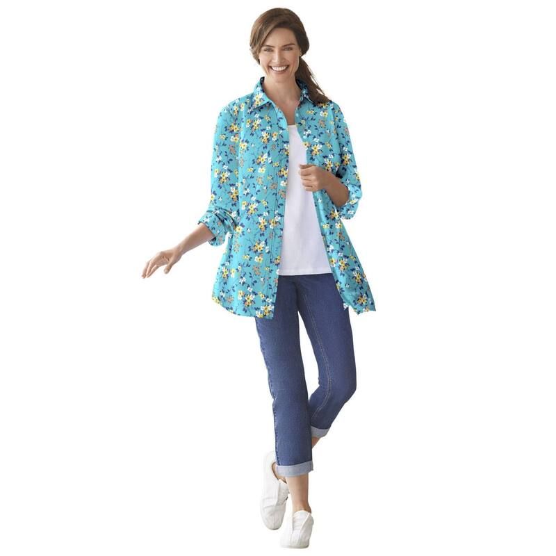 ウーマン ウィズイン レディース トップス シャツ プラスサイズ Woman Within Plusize Perfect Long Sleeve Shirt Aquamarine Pretty