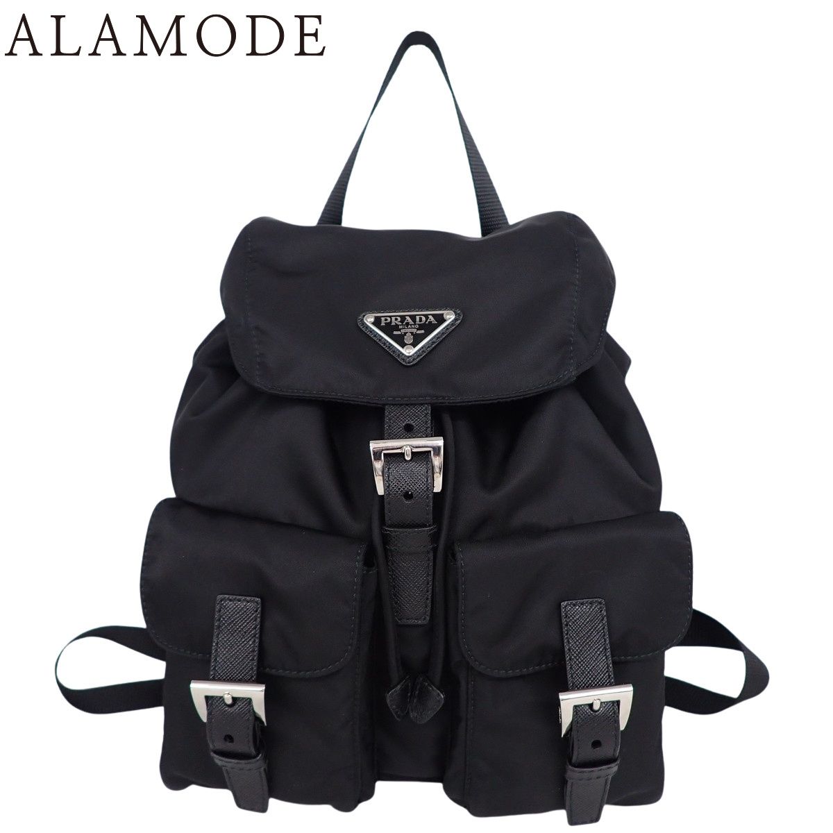 PRADA(プラダ) Re-Nylon バックパック リュックサック 三角ロゴ トライアングルロゴ ナイロン サフィアーノレザー ネロ ブラック黒 シルバー金具 1BZ677 レディース 40802200441【中古】【アラモード】
