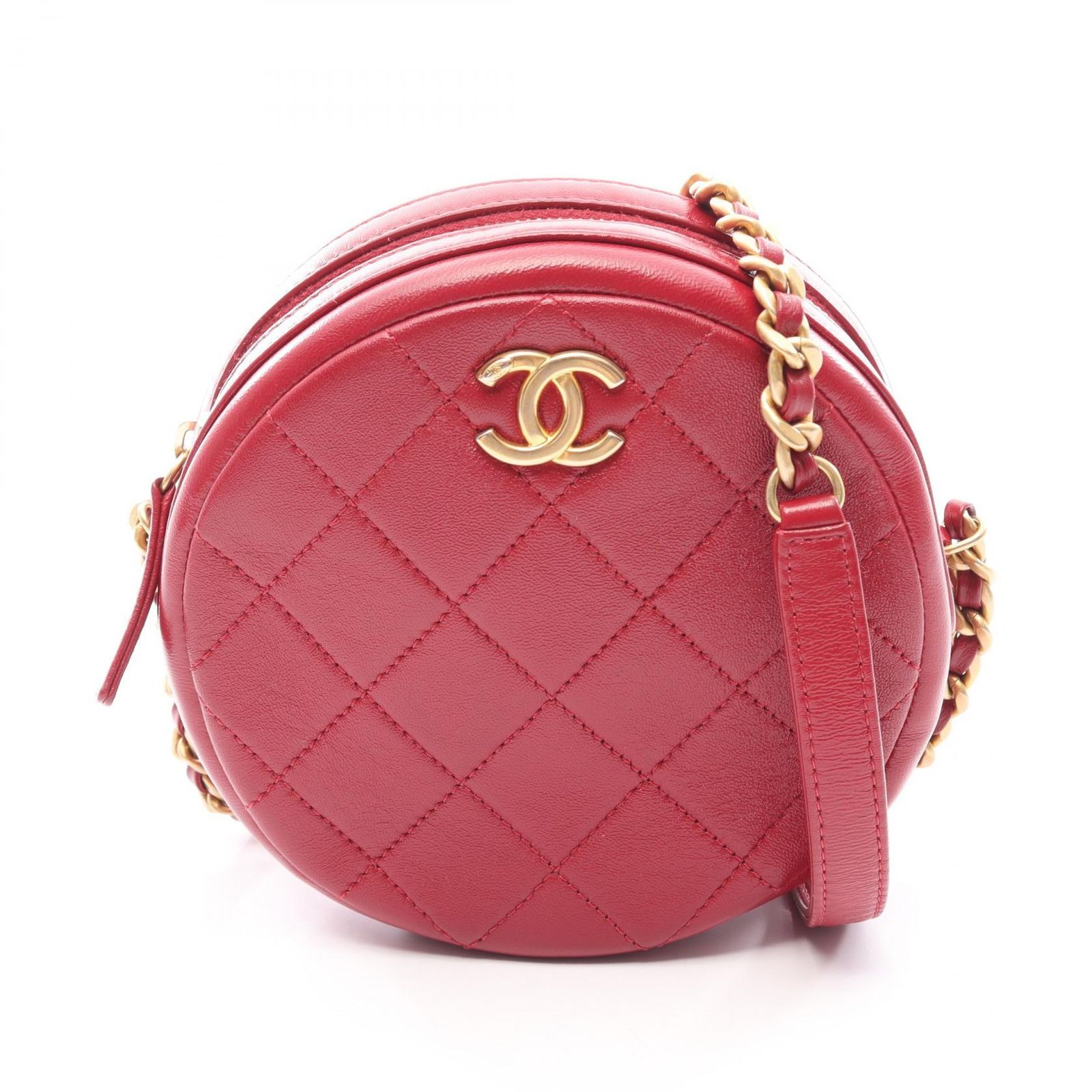 シャネル CHANEL ショルダーバッグ マトラッセ ラウンド レッド レザー マトラッセ ラウンド チェーンショルダー レディース Used A