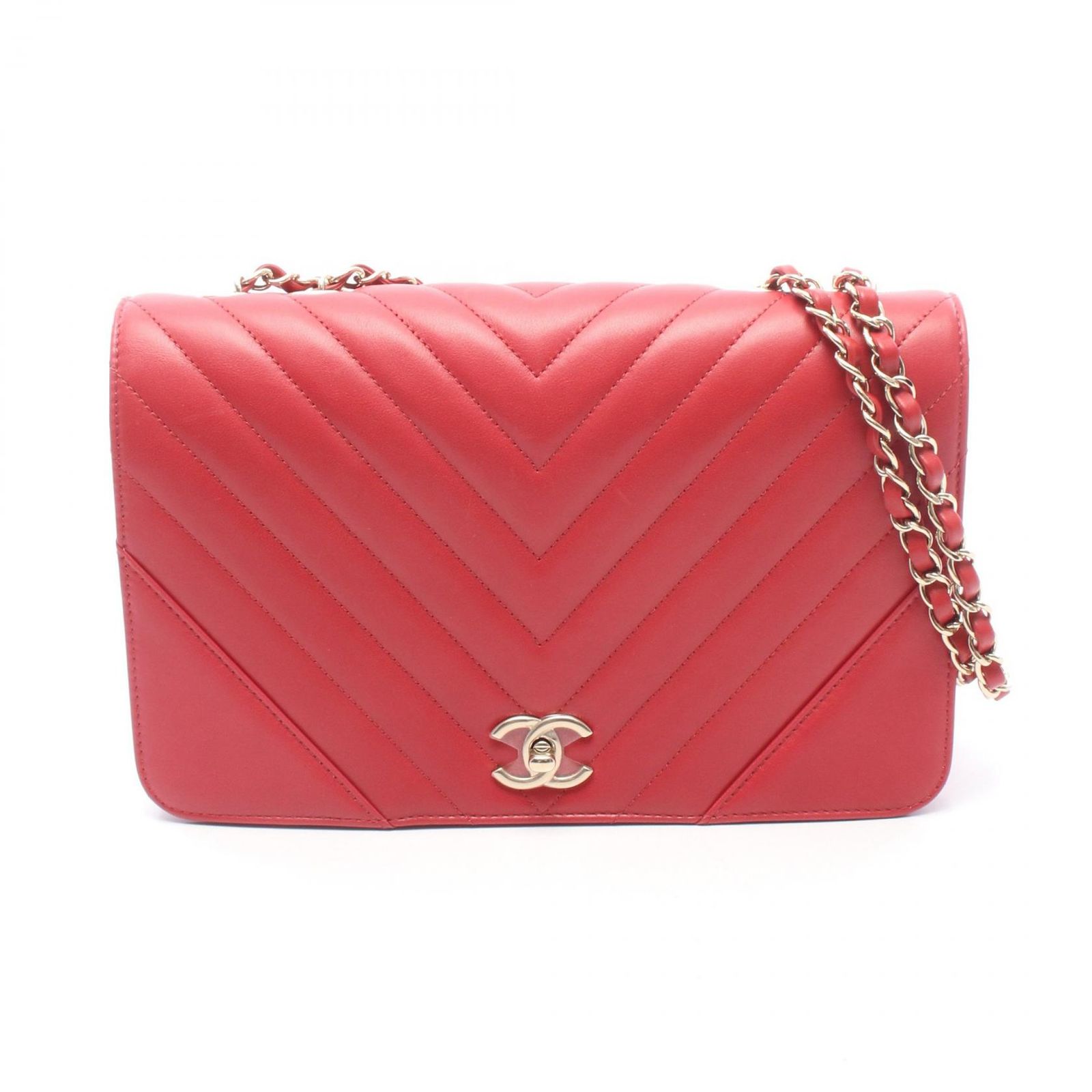 シャネル CHANEL ショルダーバッグ シェブロン Vステッチ フルフラップ レッド レザー シェブロン Vステッチ チェーンショルダー レディース Used A