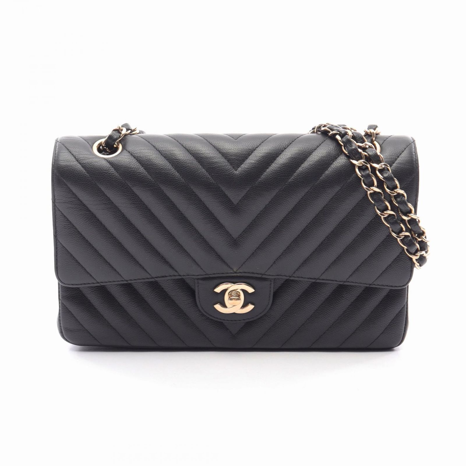 シャネル CHANEL ショルダーバッグ シェブロン Vステッチ Wフラップ A01112 ブラック カーフ（牛革） シェブロン Vステッチ チェーンショルダー レディース Used A