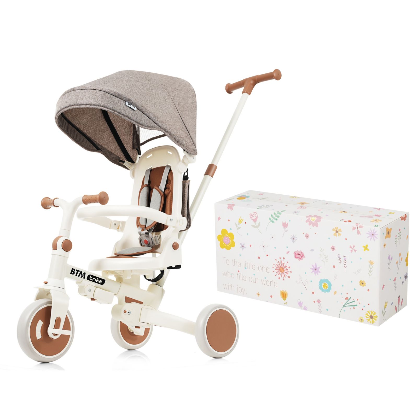 三輪車 子供用 7in1 折りたたみ ギフト箱入り 手押し かじとり 7WAY 1歳 2歳 3歳 ランニングバイク 座面回転 自転車 幼児用 キッズバイク おしゃれ クリスマス 誕生日　ベージュ＋ブラウン