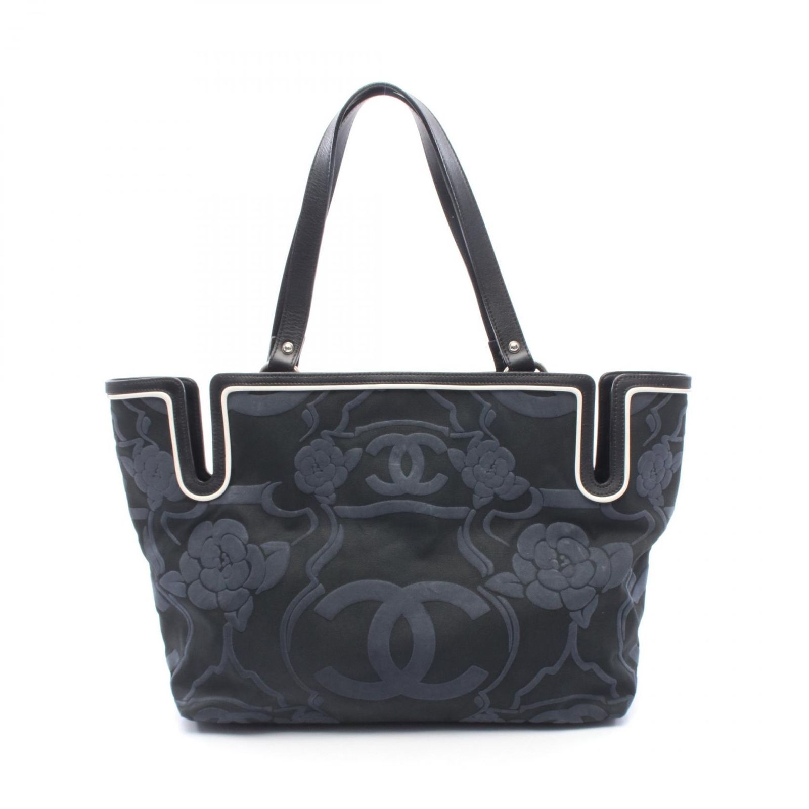 シャネル CHANEL トートバッグ ココマーク カメリア A46066 ブラック/ネイビー キャンバス レザー ココマーク カメリア トートバッグ レディース Used A