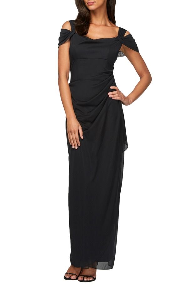 アレックスイブニングス レディース トップス ワンピース フリル Alex Evenings Cold Shoulderuffle Gown Black ブラック