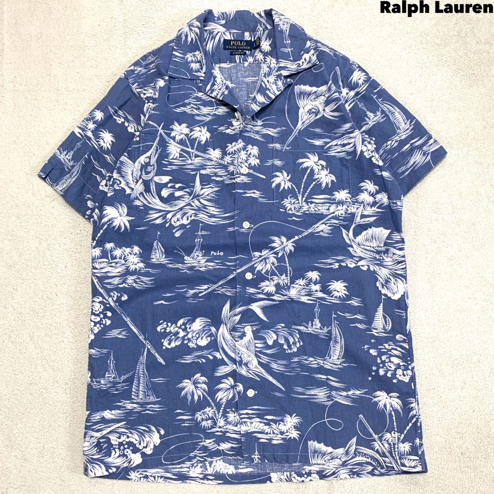 POLO RALPH LAUREN HAWAIIAN SHIRT ハワイアンシャツ アロハシャツ オープンカラー 開襟 リネン 麻 総柄 カジキ ヨット ショートスリーブ 半袖 Sサイズ サックスブルー 水色 青系 ポロラルフローレン