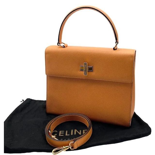 美品 CELINE セリーヌ 2way ハンドバッグ ショルダーバッグ 斜め掛け ターンロック レザー シボ革 金具 ロゴ オレンジ ヴィンテージ レディース 保存袋付き