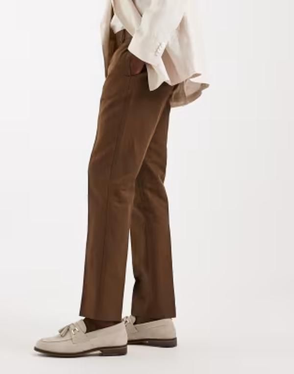 エイソス メンズ ボトムス カジュアルパンツ リネン ASOS DESIGN linen rich slim dress pants in dark brown ブラウン