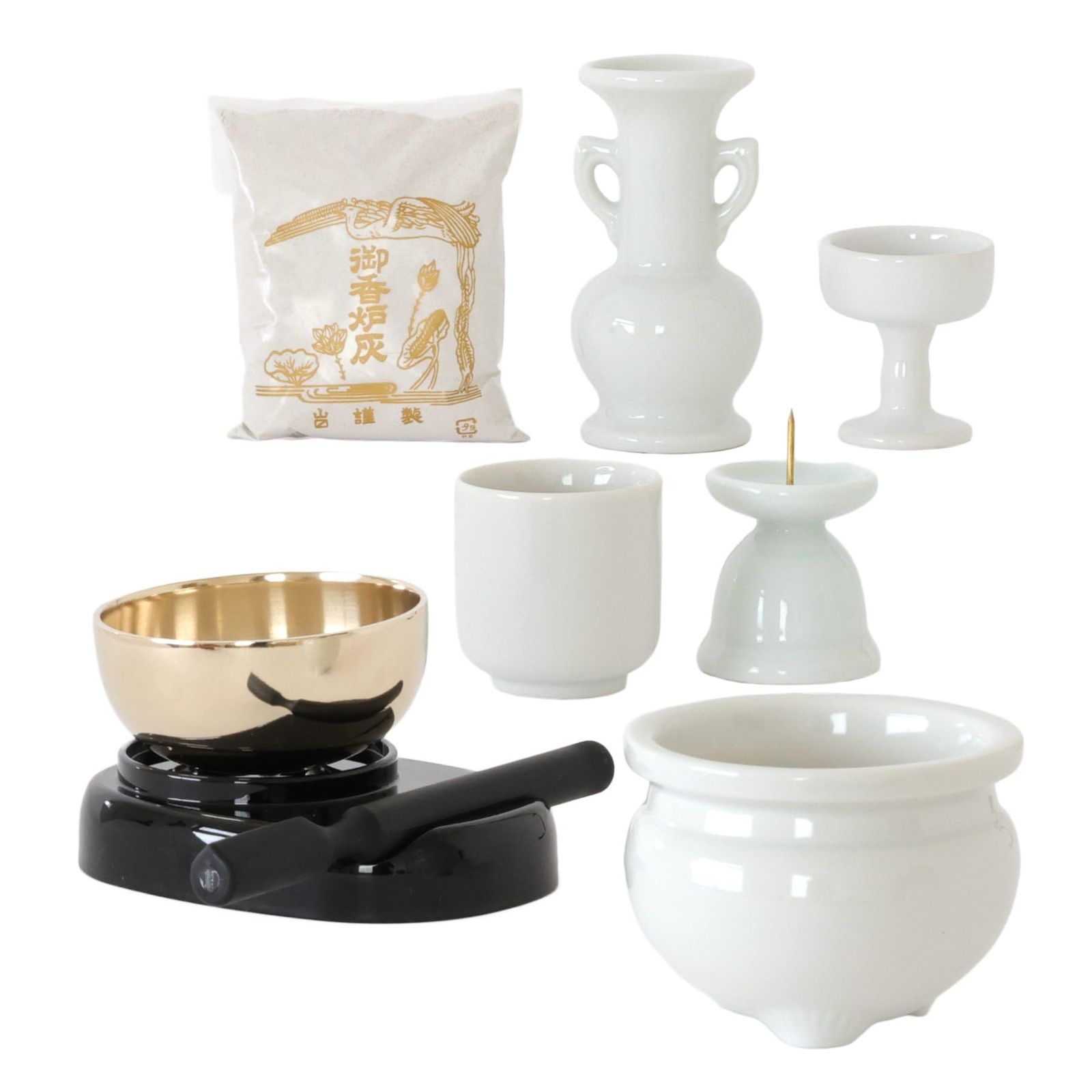 やまこう 仏具 セット ミニ おりん 3点＋陶器5点(白 無地 ホワイト)＋香炉灰 おしゃれ モダン 国産 日本製 仏壇セット モダン仏具 モダン仏壇 お盆 お彼岸 お墓参り お供え 供養 法事 法要″mn