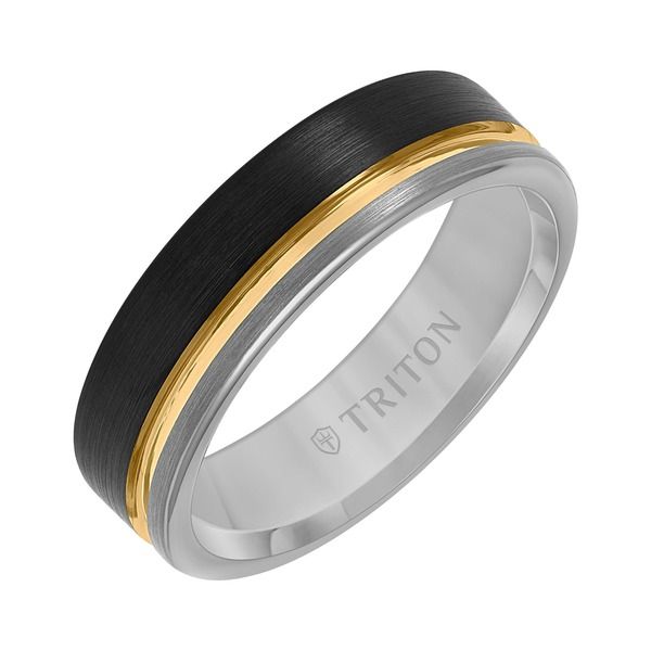 トリトン レディース アクセサリー 指輪 Triton 65MM Tungsten Carbide Ring with Black Yellow and Grey Tungsten Center Groove and Brushed Finish with F