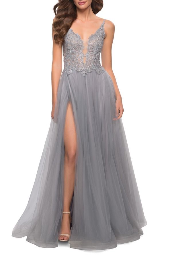 ラフェム レディース トップス ワンピース チュール A ライン レース La Femme Tulle A Line Gown with Lace Rhinestone Bodice Silver シルバー