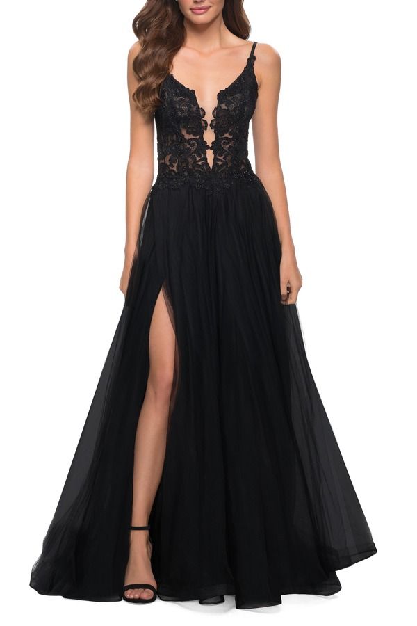 ラフェム レディース トップス ワンピース チュール A ライン レース La Femme Tulle A Line Gown with Lace Rhinestone Bodice Black ブラック