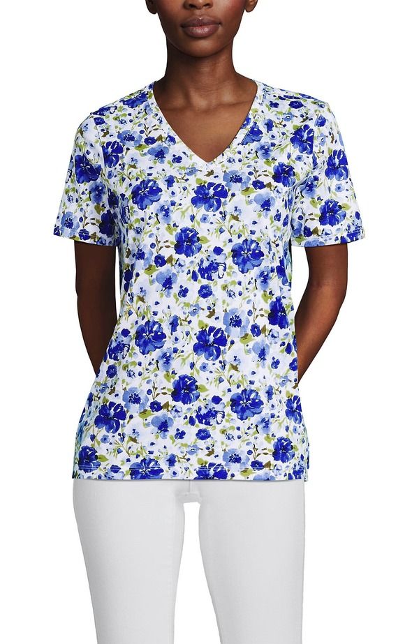 ランズエンド レディース トップス シャツ Vネック コットン Lands End Supima Cotton VNeck TShirt Clear Blue Painted Blooms ブルー