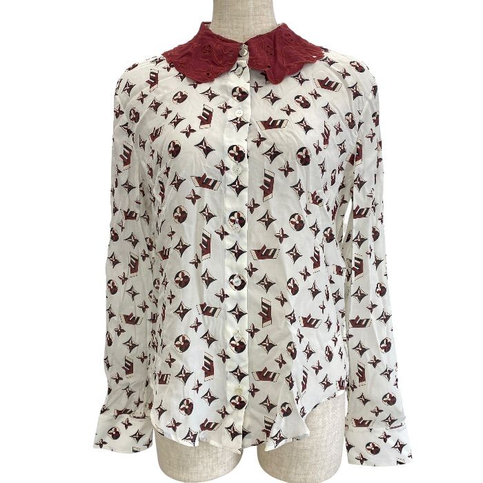 未使用 LOUIS VUITTON ルイヴィトン モノグラム ブラウス 長袖 シャツ RW192W NMV FHBB01 シルク ポリエステル レッド ホワイト (サイズ38) 上品 洗練 高級感 エレガント 人気 おしゃれ 通勤