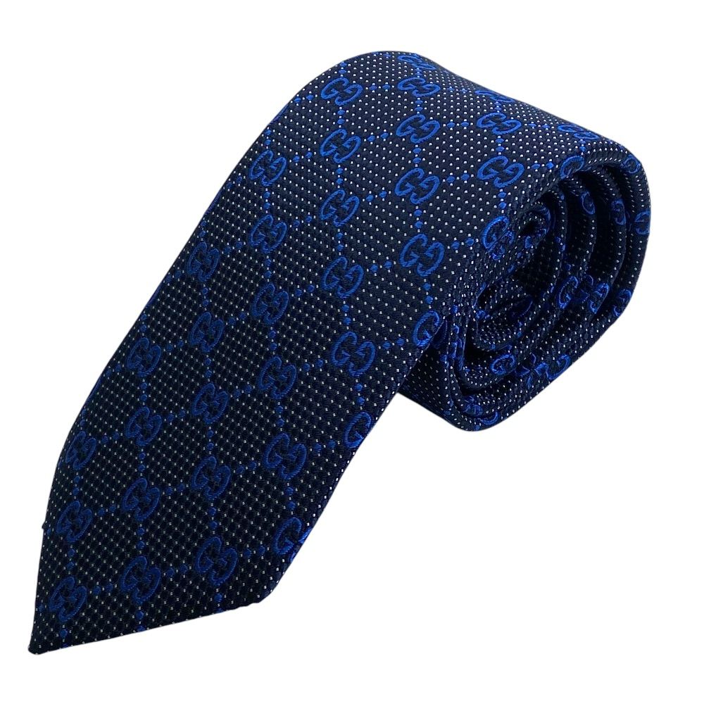 美品 GUCCI グッチ ネクタイ レギュラータイ ンターロッキングG 総柄 408865 シルク ブラック ブルー (表記148×7cm) ビジネス フォーマル 上品 洗練 高級感 スタイリッシュ